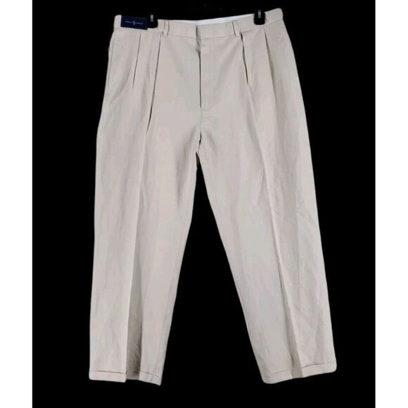 Polo Golf Ralph Lauren Pleated Pant Men 40 L Khaki Cream Silk Linen Wide Leg NWT - Picture 1 of 15